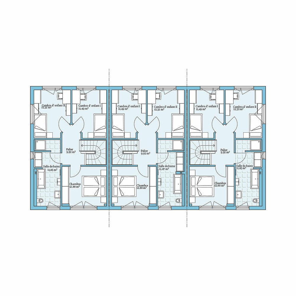 Maison Prefabriquee Maison Mitoyenne 118 V1: Plan étage supérieur 