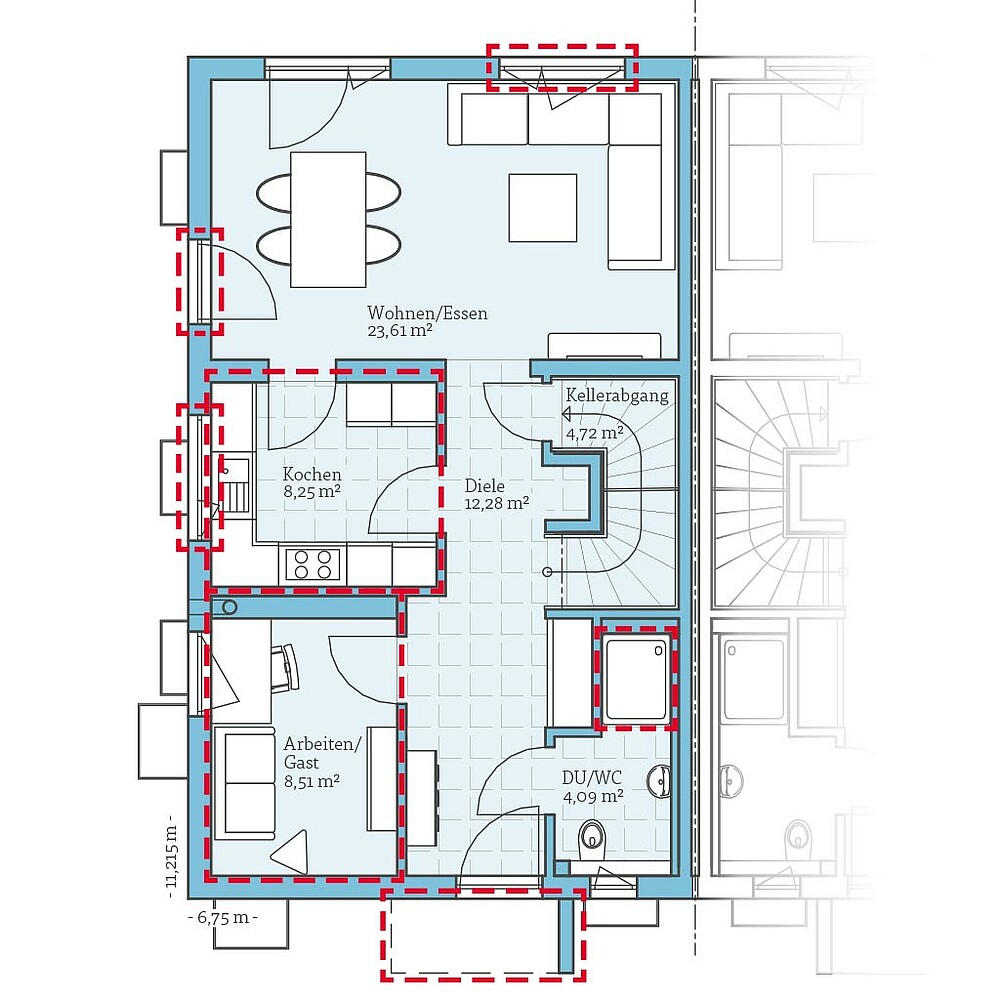 QNG⁺-Line: Fertighaus Doppelhaus 125: Grundrissoption 2 EG
