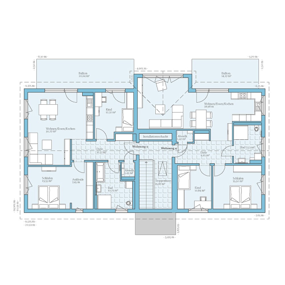 Fertighaus Mehrfamilienhaus 4 Wohneinheiten: Grundriss OG