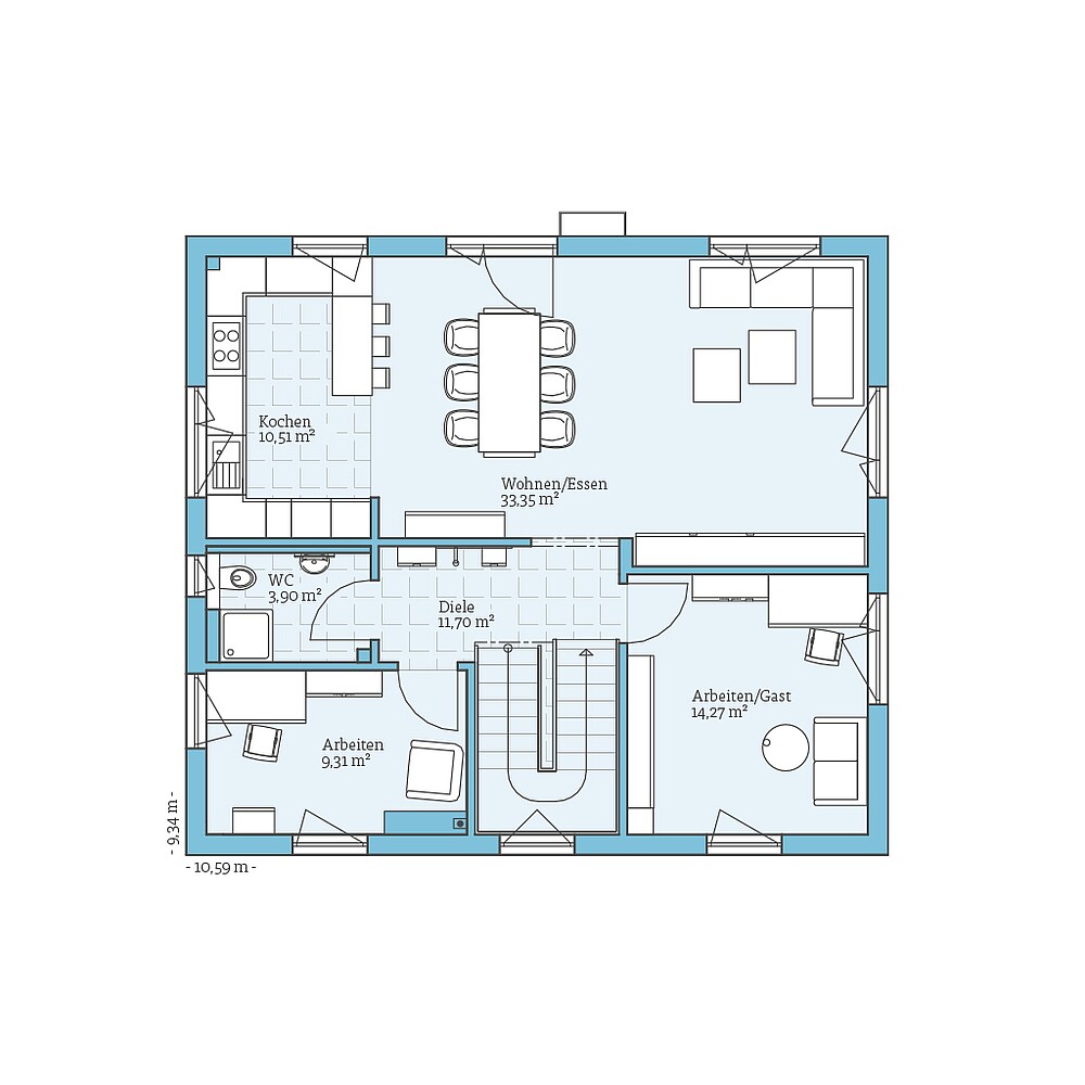 Erdgeschoss Fertighaus Variant 25-166 mit Einliegerwohnung Variante 1: Grundriss EG