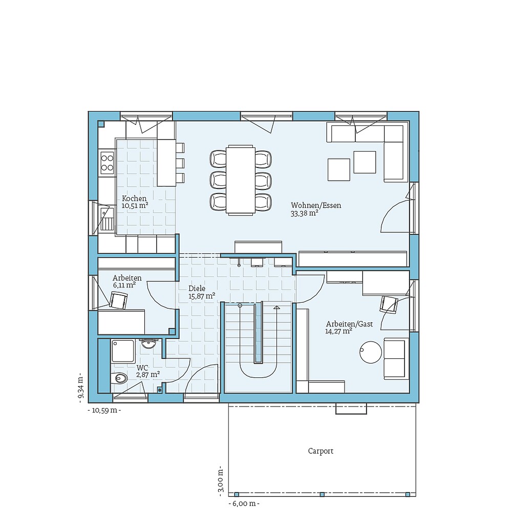 Erdgeschoss Fertighaus Variant 25-166 mit Einliegerwohnung Variante 2: Grundriss EG