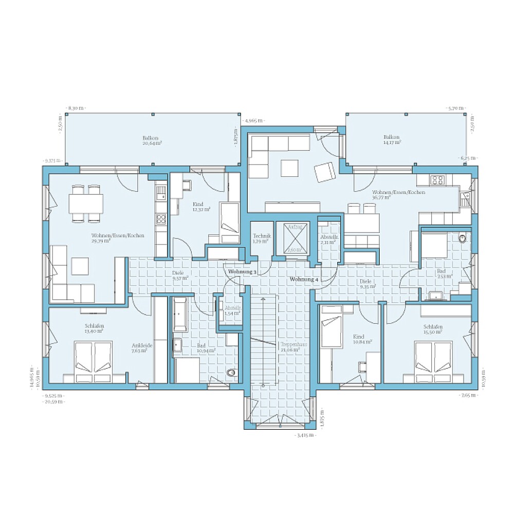 Fertighaus Mehrfamilienhaus 6 Wohneinheiten: Grundriss 1. OG