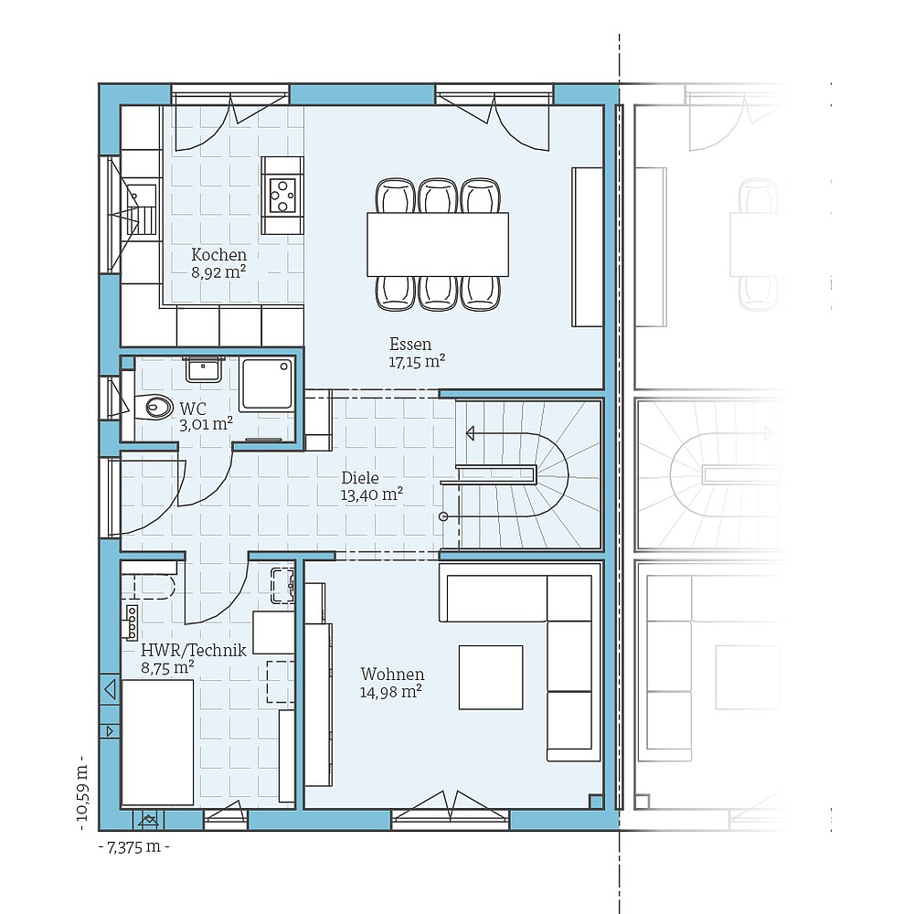 Erdgeschoss Fertighaus Doppelhaus 45-123: Grundriss EG